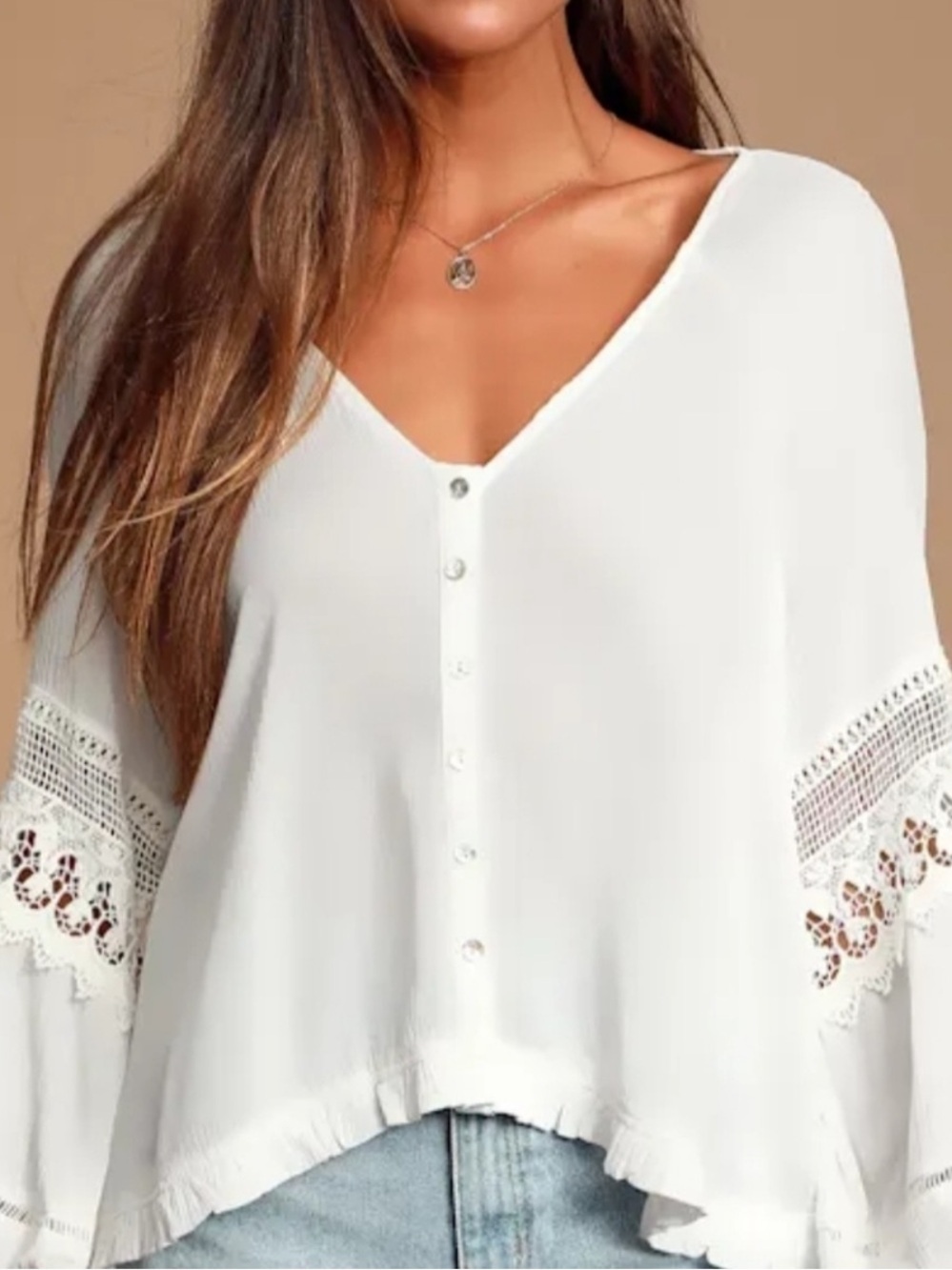 Lulus White Crochet Lace V Neck Long Sleeve Button- Up Top